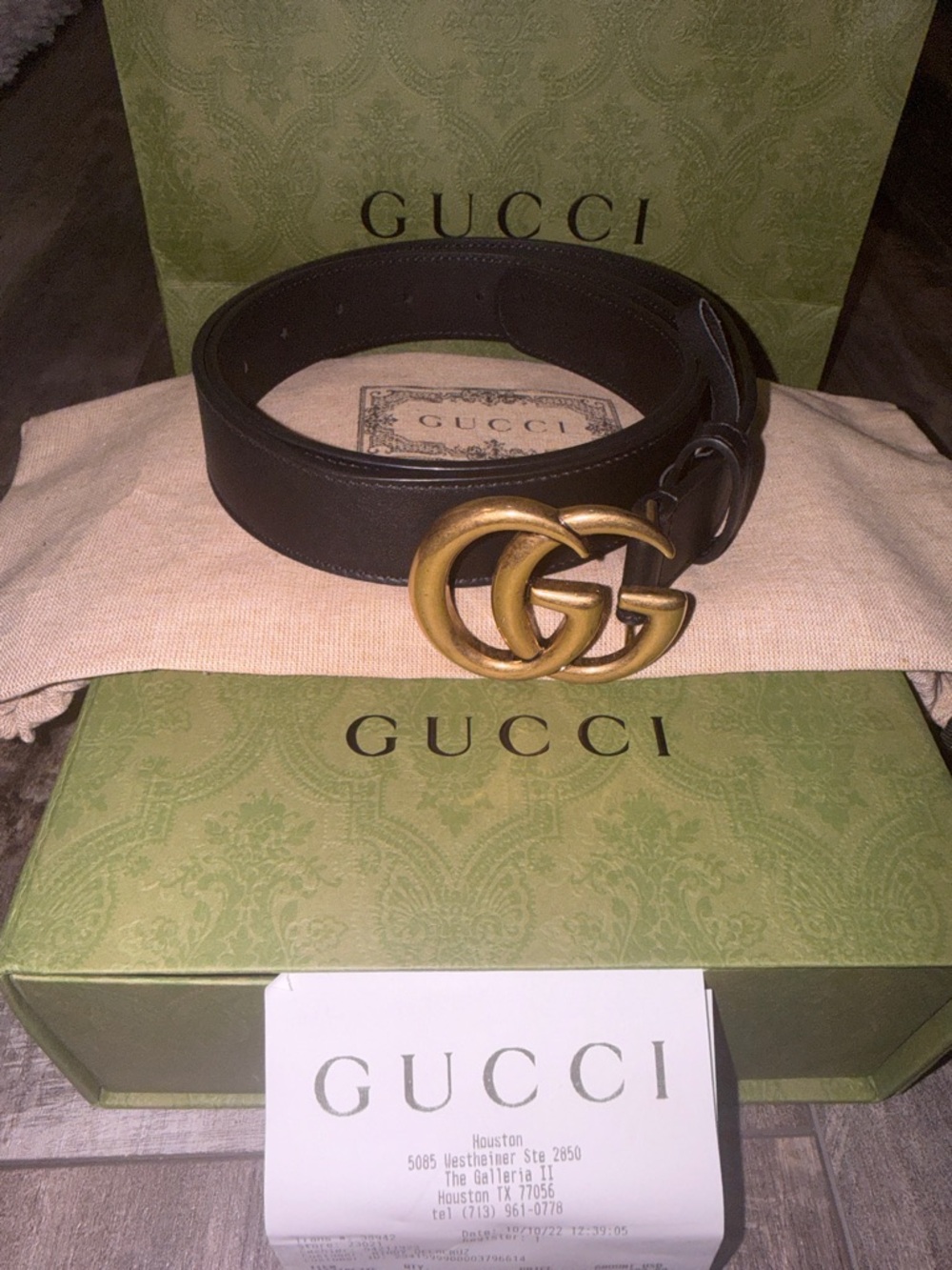 Gucci Black Leather Belt with Antique Gold Double G Buckle